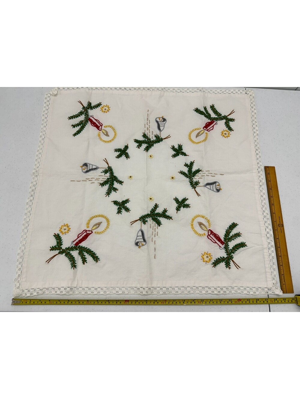 Vintage Card Table Tablecloth Embroidered Candle Bell Stars Christmas Lace